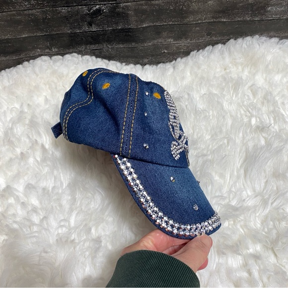SKULL RHINESTONE DENIM BLING BASEBALL CAP ADJUSTABLE FASHION HAT - Picture 4 of 6